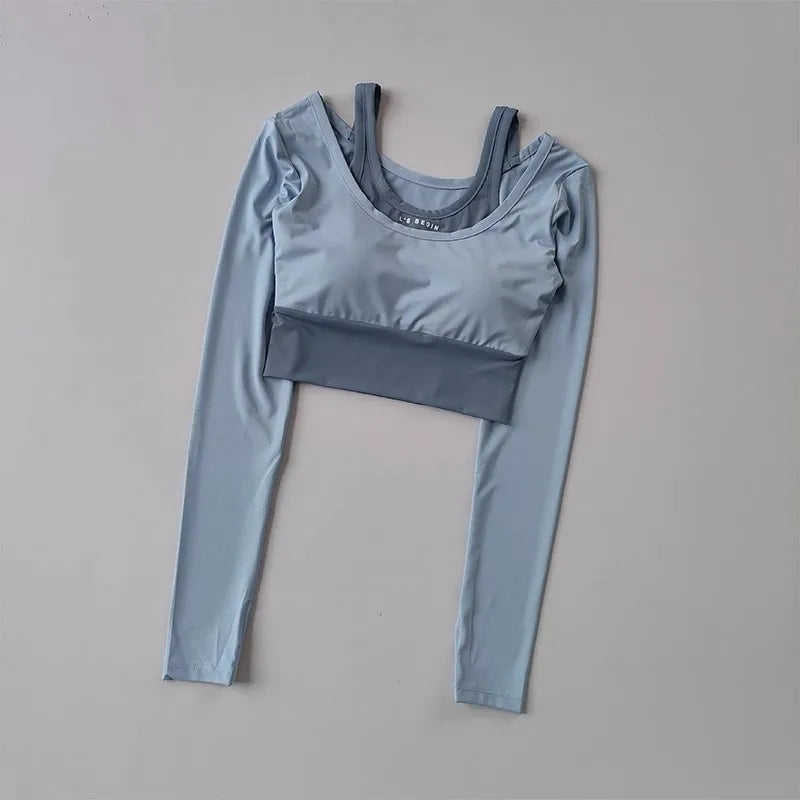 Light blue workout t-shirt with pads featuring a stylish layered design and long sleeves