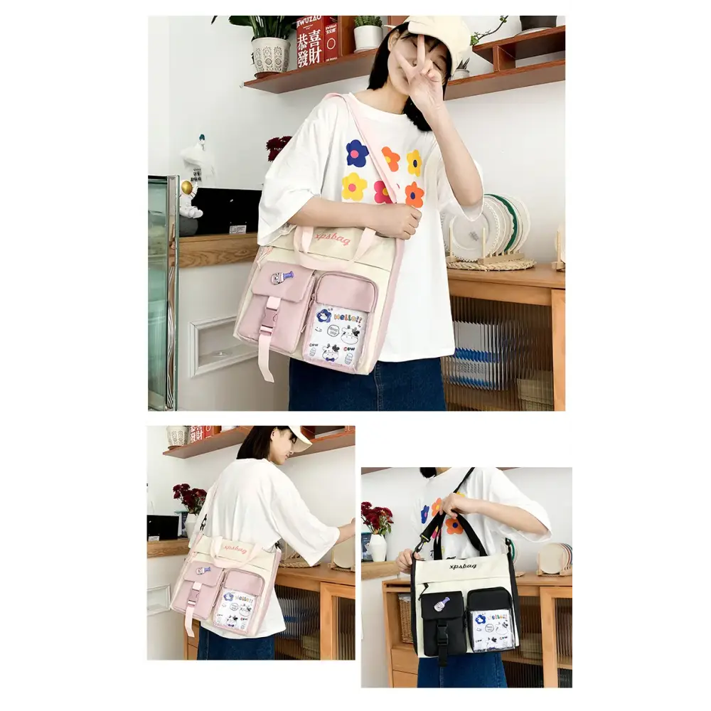 Stylish large capacity ladies handbag in pink and black, perfect for daily use and organization