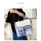 Stylish blue large capacity ladies handbag with multiple pockets and a retro design