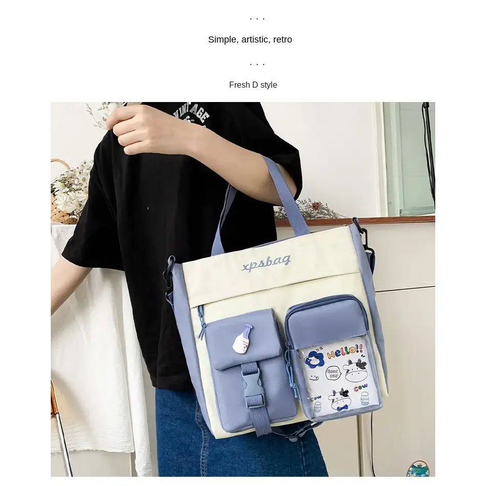 Stylish blue large capacity ladies handbag with multiple pockets and a retro design