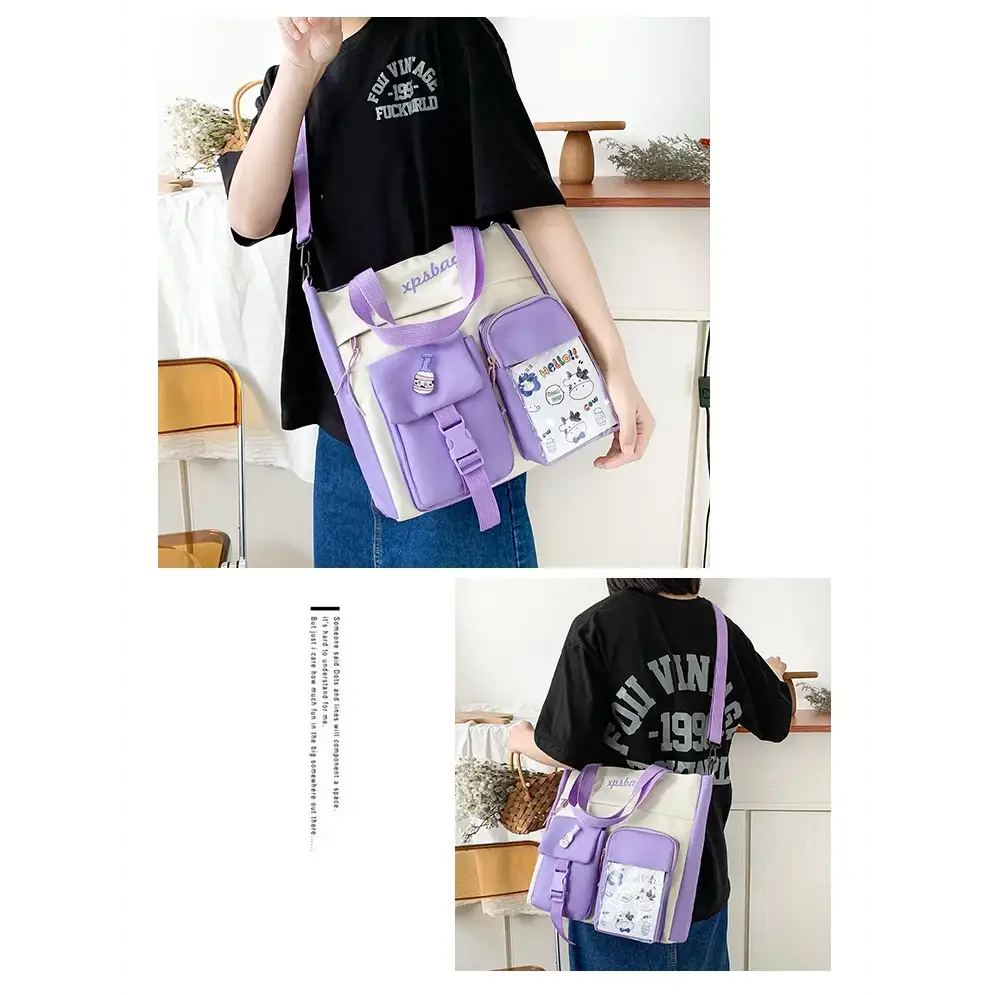 Stylish large capacity ladies handbag in purple with multiple pockets and adjustable straps
