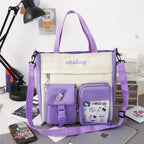 Stylish large capacity ladies handbag in purple and cream with multiple pockets for organization