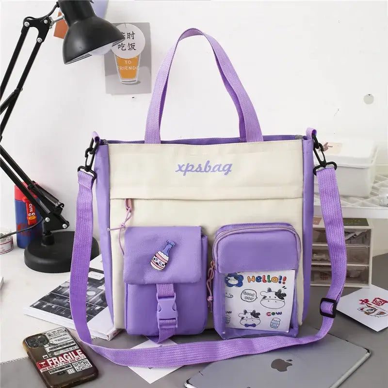 Stylish large capacity ladies handbag in purple and cream with multiple pockets for organization