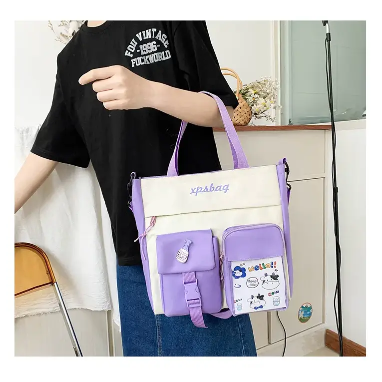 Large capacity ladies handbag in purple and cream with multiple pockets and stylish design