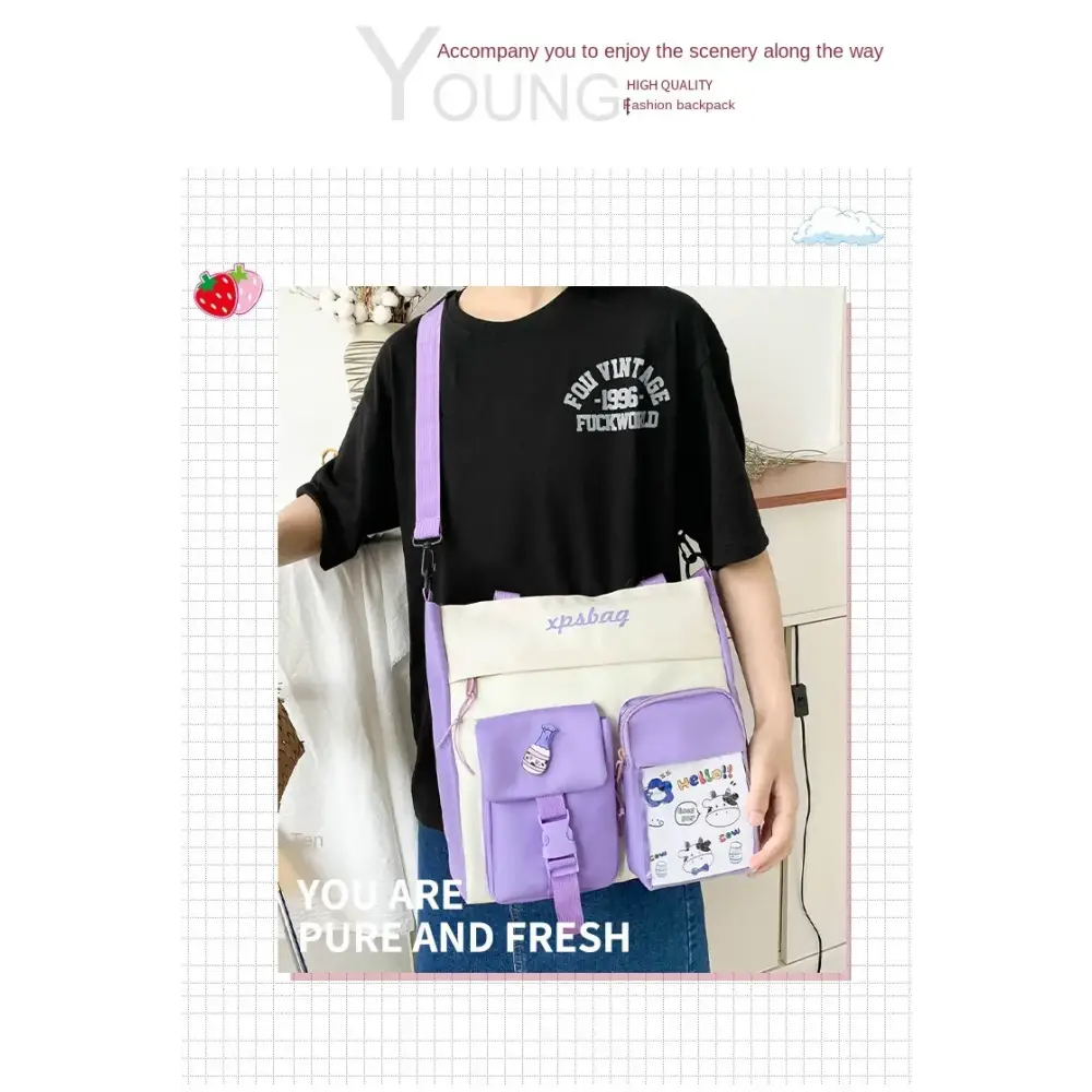 Stylish large capacity ladies handbag in purple with adjustable straps and playful patches