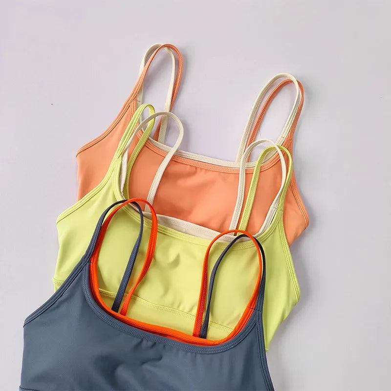 Colorful yoga crop top for workout in orange, yellow, and blue for comfortable fitness sessions