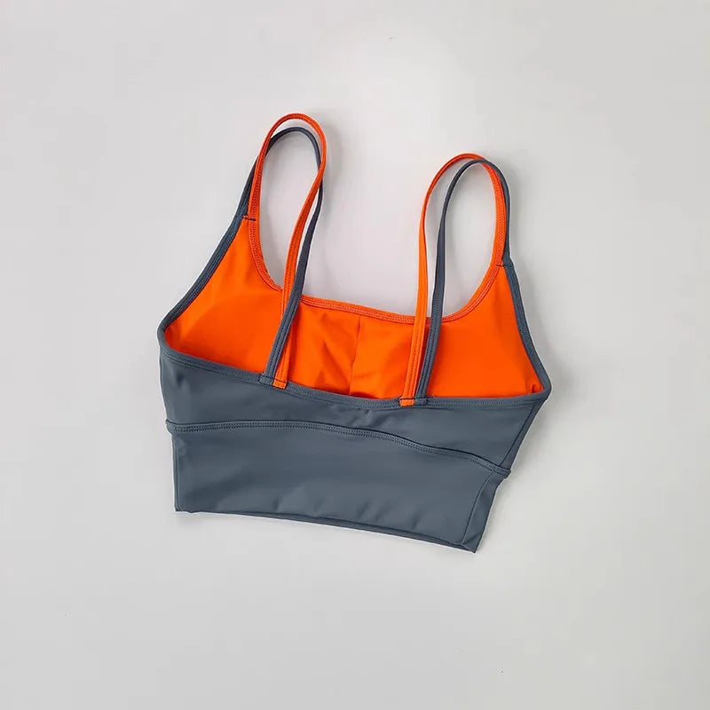 Yoga crop top for workout in gray and orange with adjustable straps for comfort and support