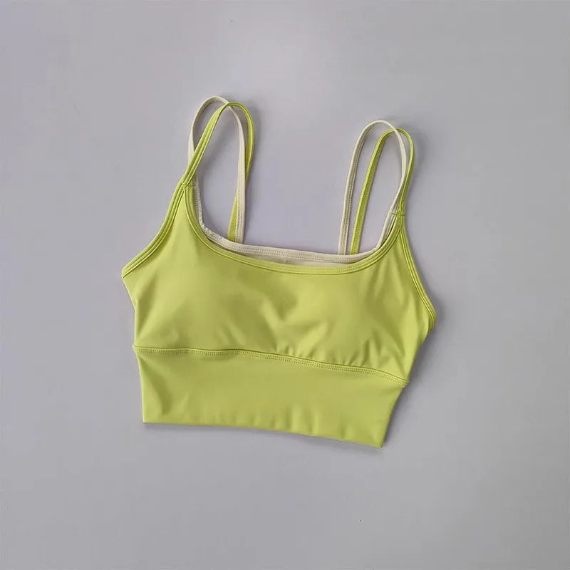 Bright yellow yoga crop top for workout with adjustable straps and snug fit for comfort