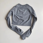 Gray long-sleeve yoga fitness tops for women with ribbed detailing and thumbholes