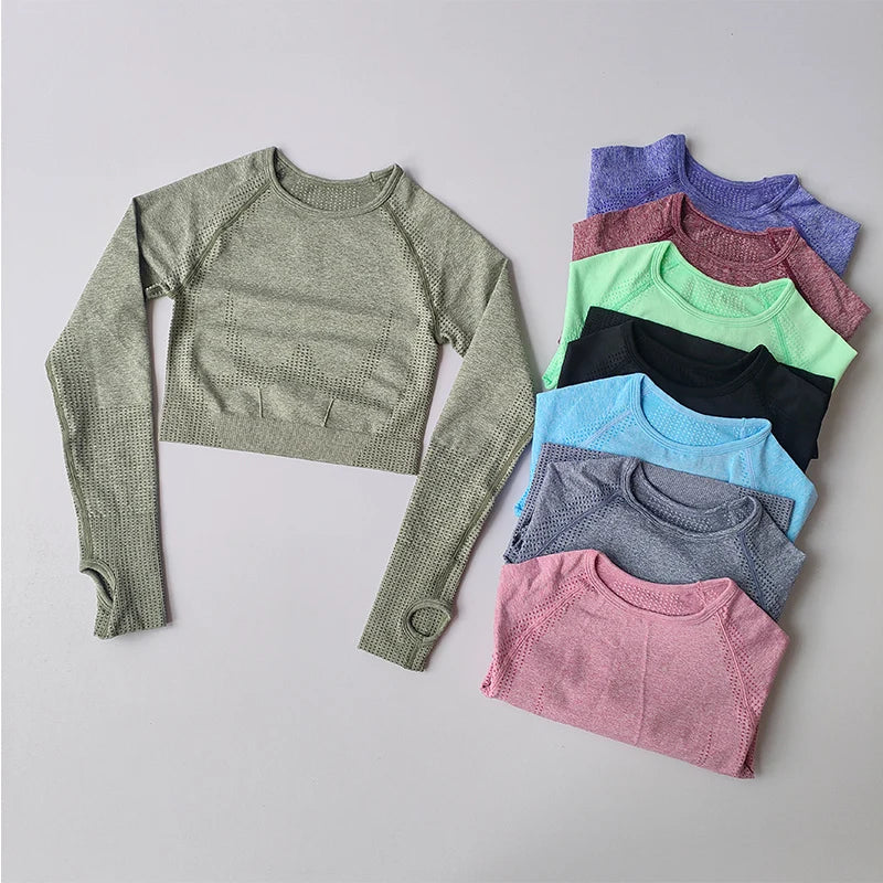 Assorted cropped yoga fitness tops for women in pastel colors and olive green from The Lady's Haven Boutique