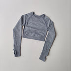 Cozy grey cropped long sleeve top, perfect for yoga fitness tops for women during workouts or casual wear