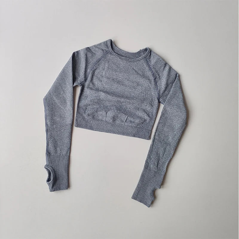 Cozy grey cropped long sleeve top, perfect for yoga fitness tops for women during workouts or casual wear