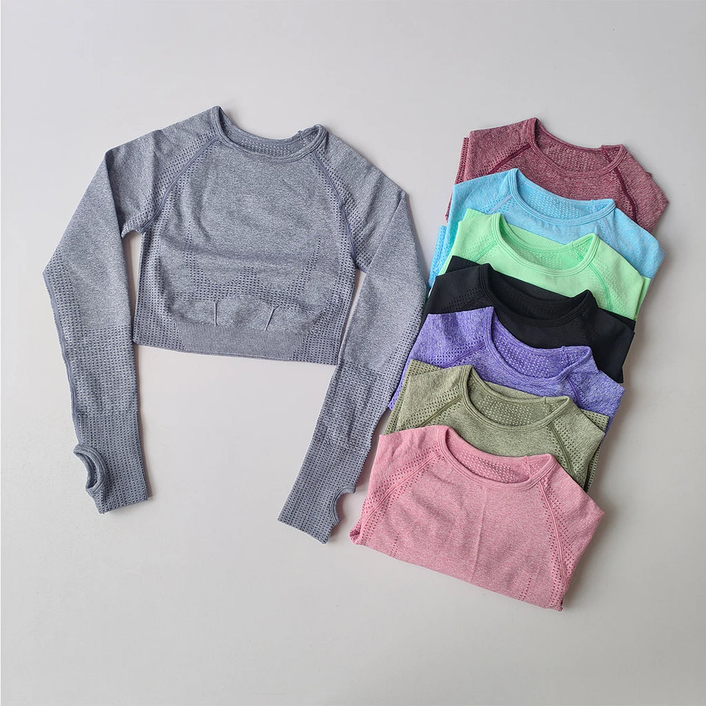 Collection of yoga fitness tops for women in various colors and styles displayed on a neutral background