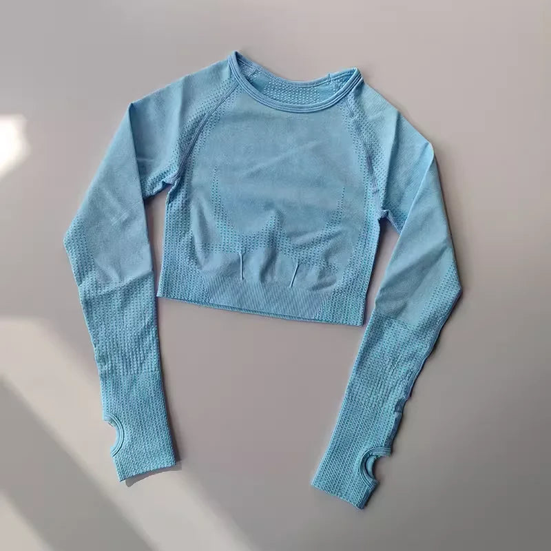 Light blue cropped long sleeve yoga fitness tops for women with breathable fabric for workouts