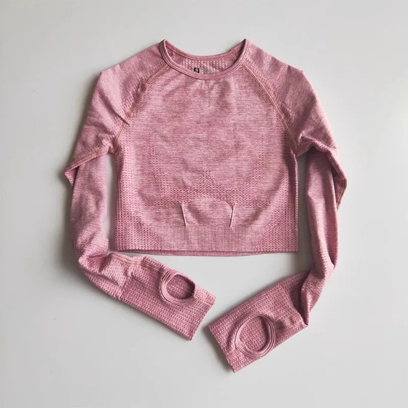Pink Long-Sleeve Cropped Top for Yoga, Perfect Yoga Fitness Tops for Women