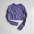Lavender long-sleeve yoga fitness tops for women with a trendy cropped design and thumbholes