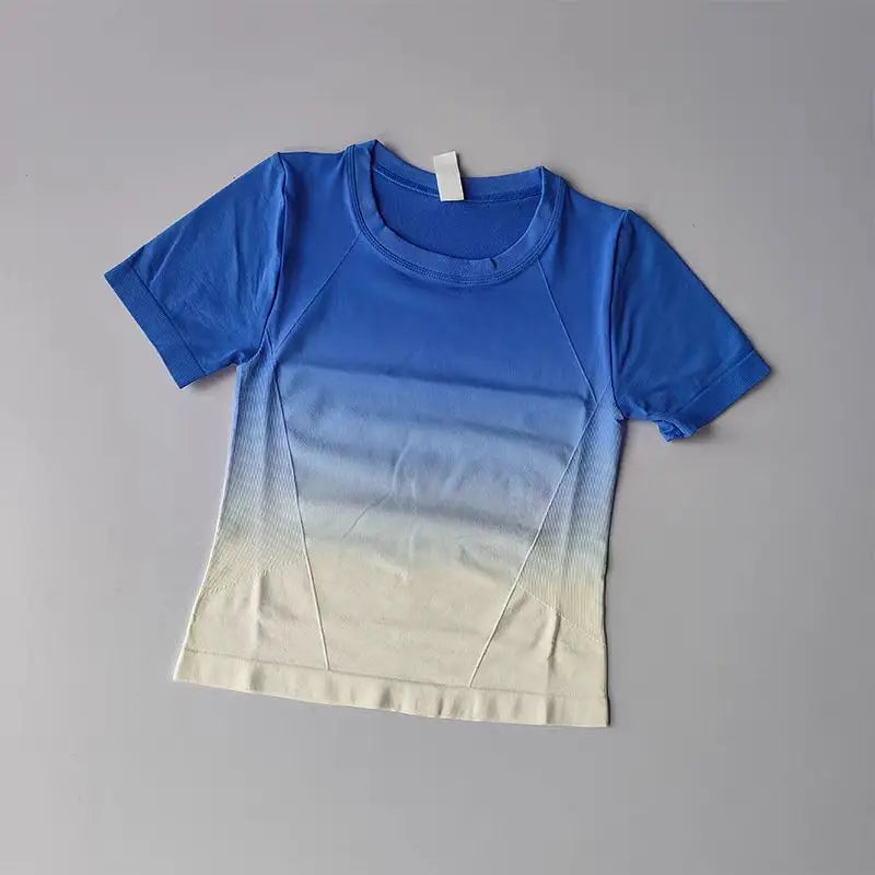Blue yoga top and shorts gradient for women with a stylish design perfect for workouts