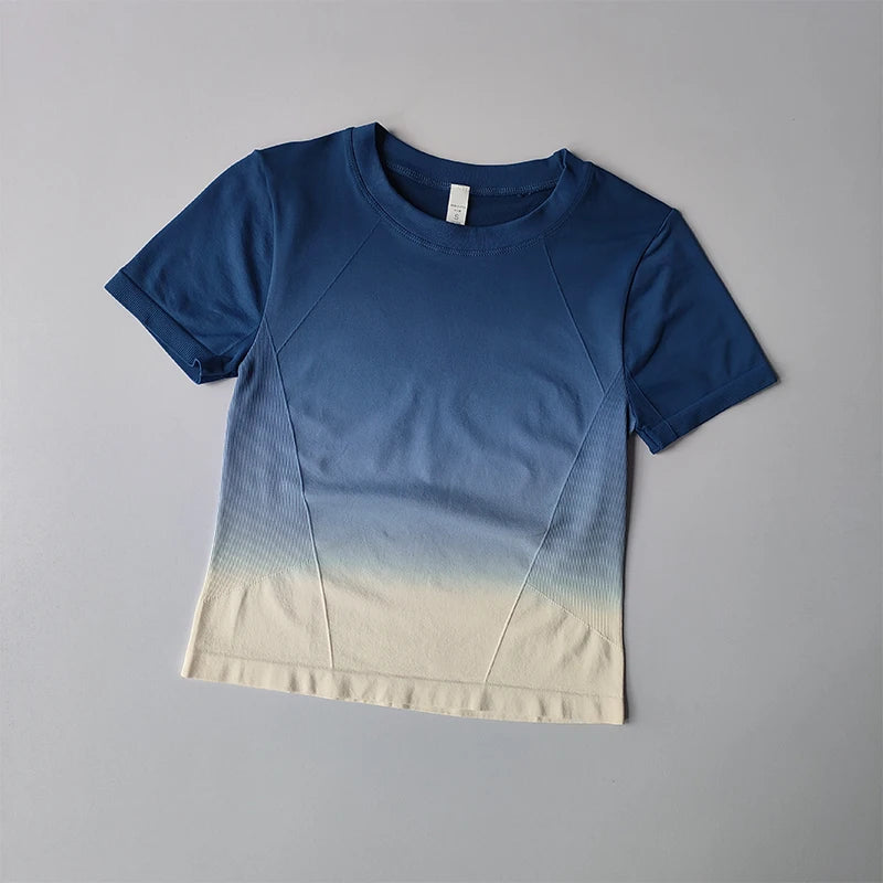 Stylish yoga top and shorts gradient for women in blue and cream color blend.