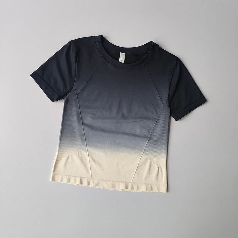Stylish women's yoga top and shorts gradient for women in navy to cream color blend