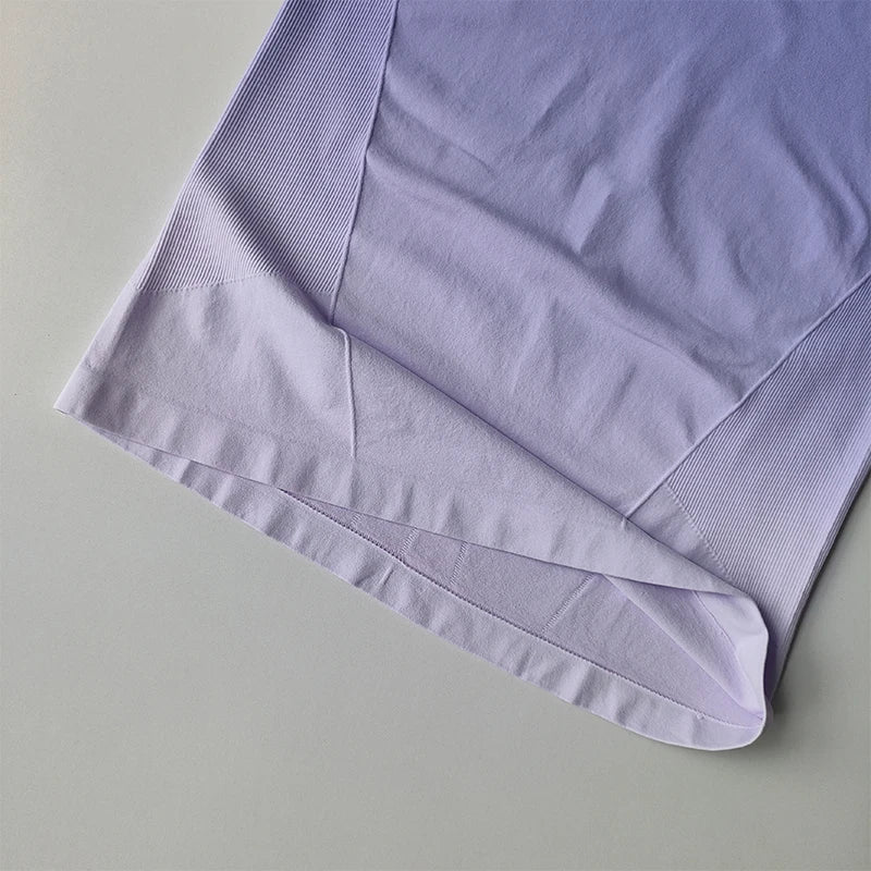 Light purple yoga top and shorts gradient for women with a soft, stretchy fabric design