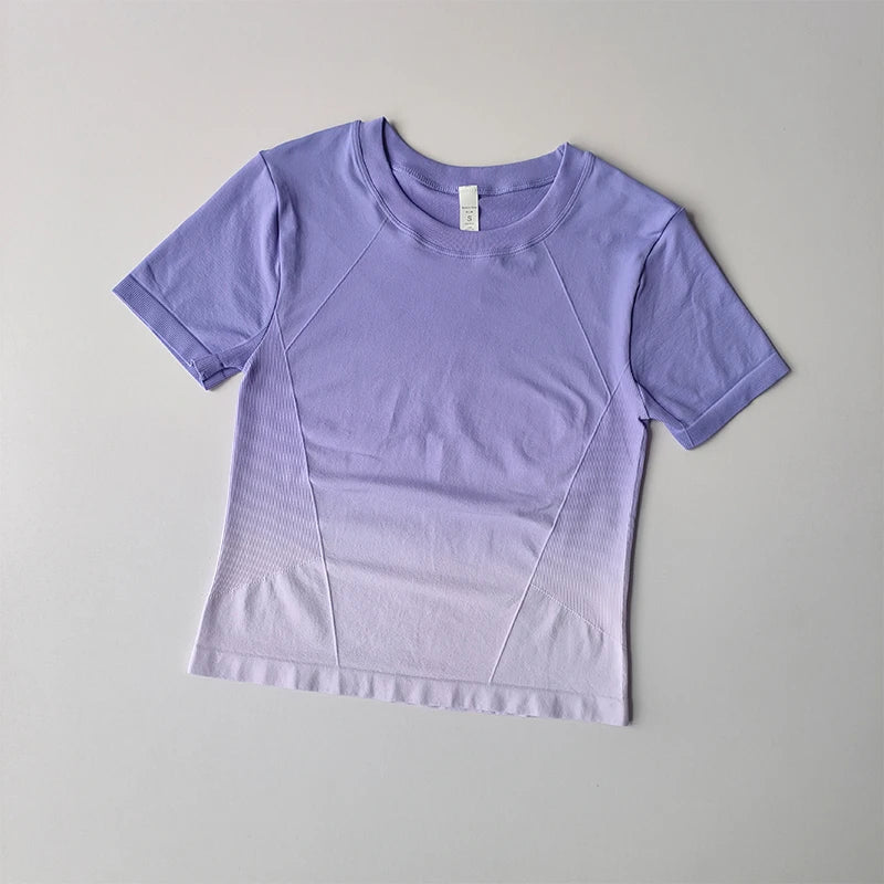 Light purple yoga top and shorts gradient for women, designed for comfort and style during workouts
