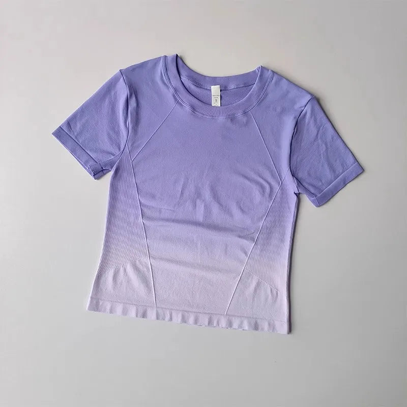 Light purple yoga top and shorts gradient for women with a comfortable fit and stylish design