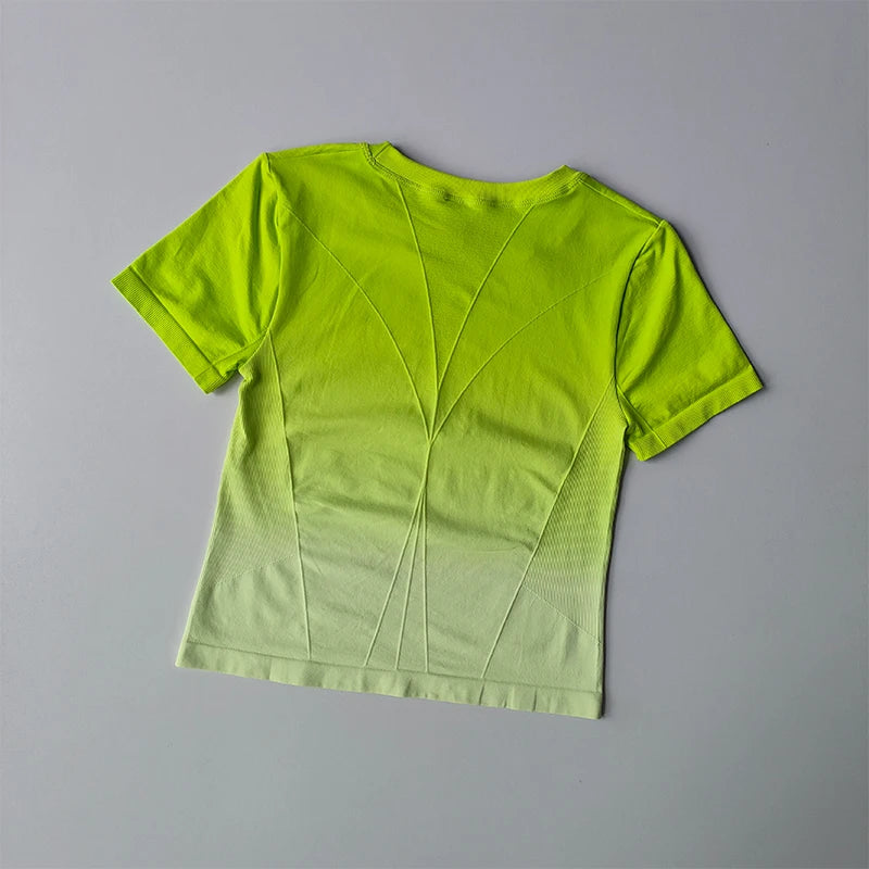 Back view of a vibrant yellow yoga top and shorts gradient for women, designed for comfort and style during workouts