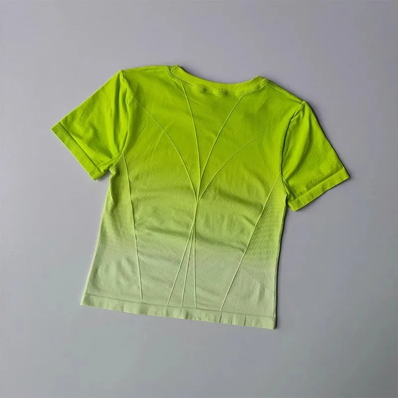 Bright green yoga top and shorts gradient for women, designed for comfort and style during workouts