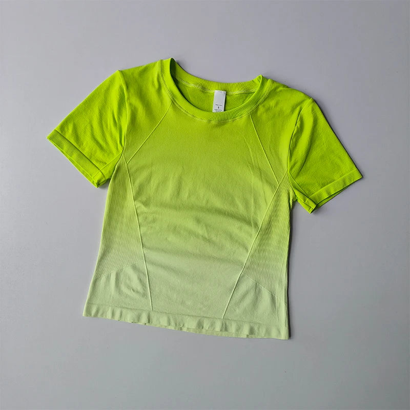 Bright green yoga top and shorts gradient for women, perfect for workouts and yoga sessions