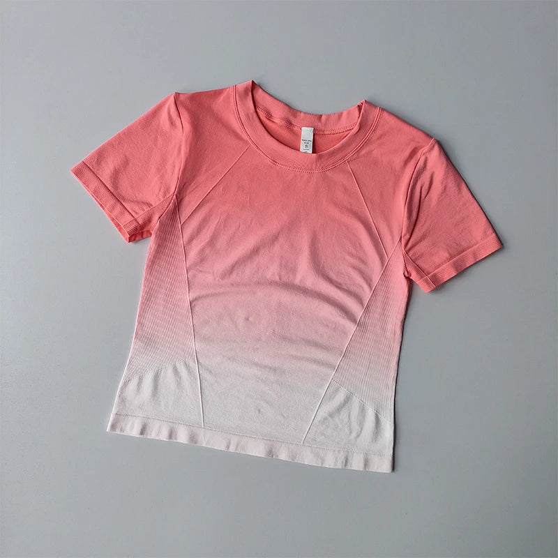 Women's yoga top and shorts gradient in pink and white from The Lady's Haven Boutique for stylish workouts