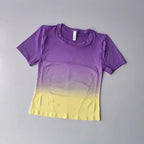 Stylish yoga top and shorts gradient for women in purple and yellow ombre design