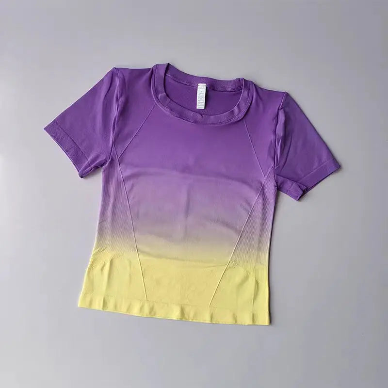 Stylish yoga top and shorts gradient for women in purple and yellow ombre design